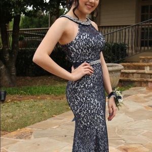 Blue lace prom dress
